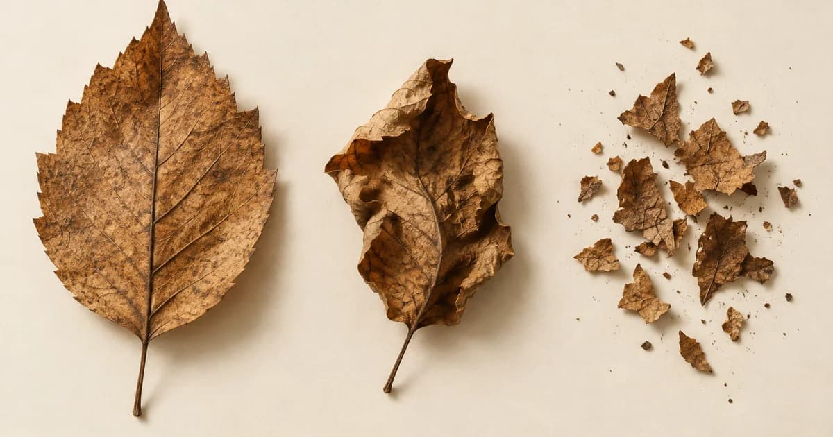 An intact dry leaf, a folded leaf and thin scattered fragments