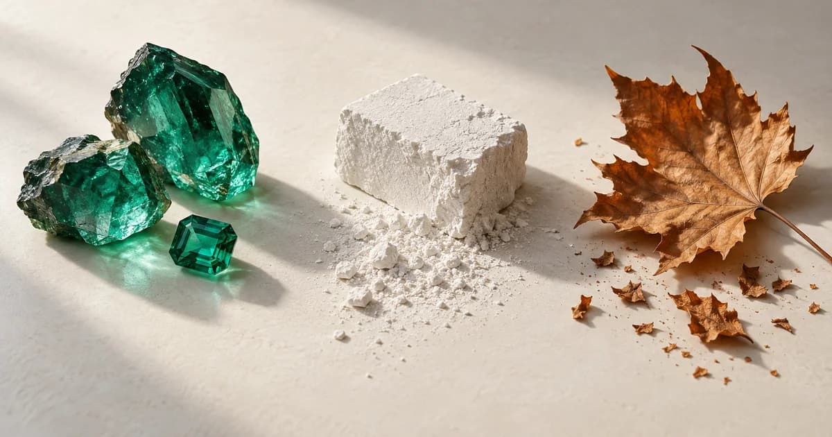 Crystal pieces, chalk powder and dry leaves side by side
