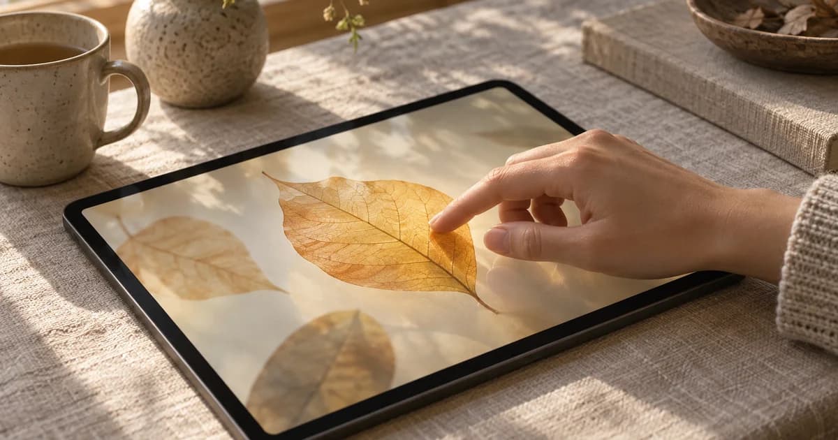 A relaxed hand touching an amber leaf on a tablet in a conceptual scene