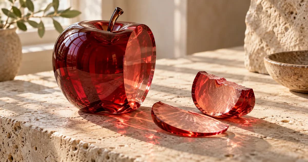A ruby glass apple beside two separate slices of different thicknesses