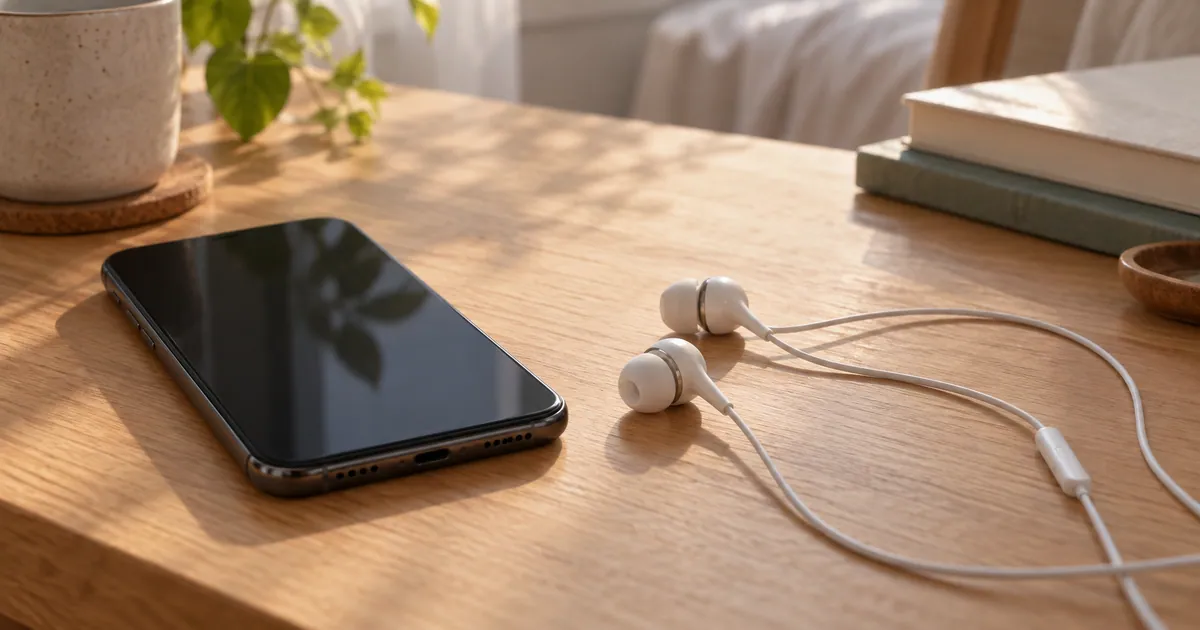 A smartphone and white wired earphones resting on a wooden desk