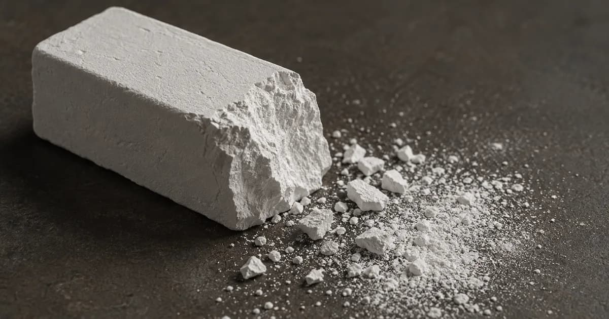 A chipped white chalk block with crumbs and fine powder