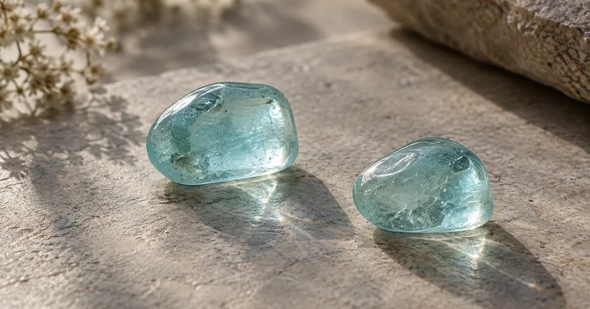 Two aquamarine glass gems separated on matte stone