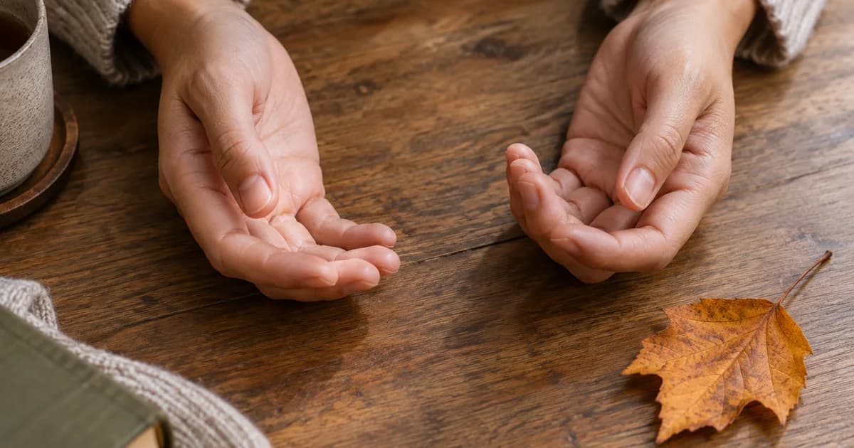 Relaxed hands resting beside an untouched leaf