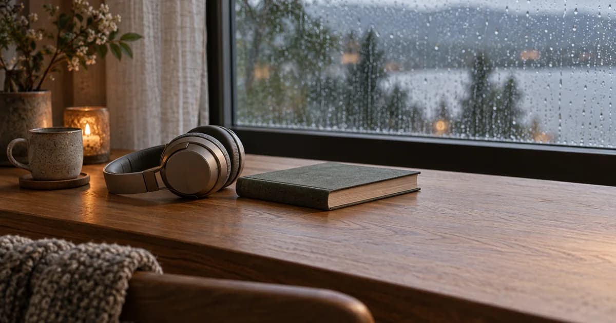 Headphones and a closed book beside a rain-speckled window