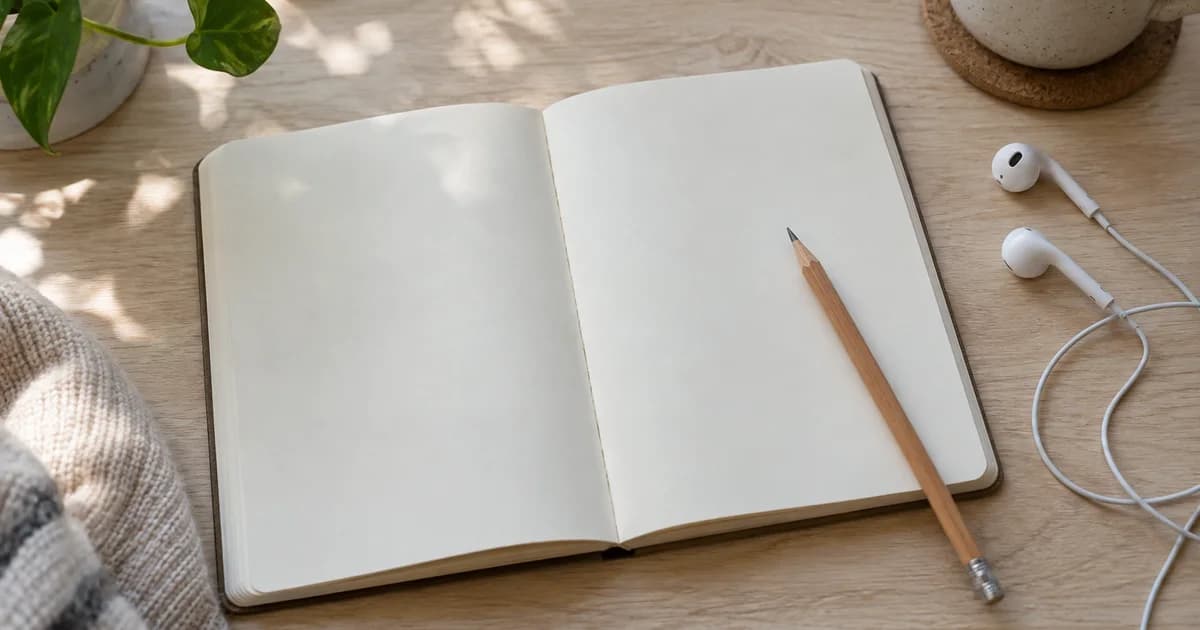 A blank listening notebook beside earphones and a pencil
