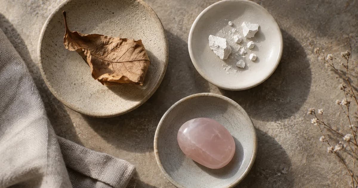 Leaf, chalk crumbs, and rose quartz on separate ceramic dishes