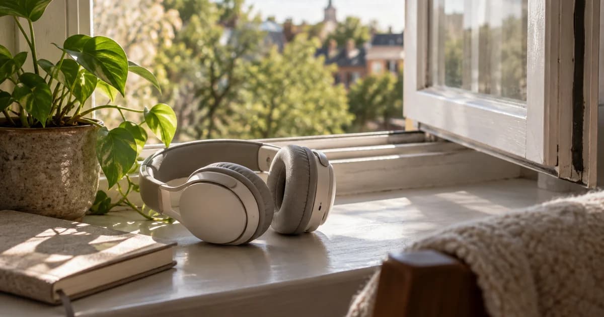 Headphones set aside beside a plant at an open window