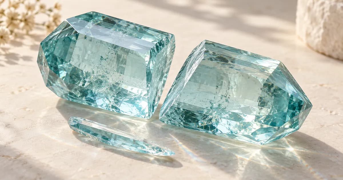 An aquamarine crystal divided diagonally beside a thin offcut