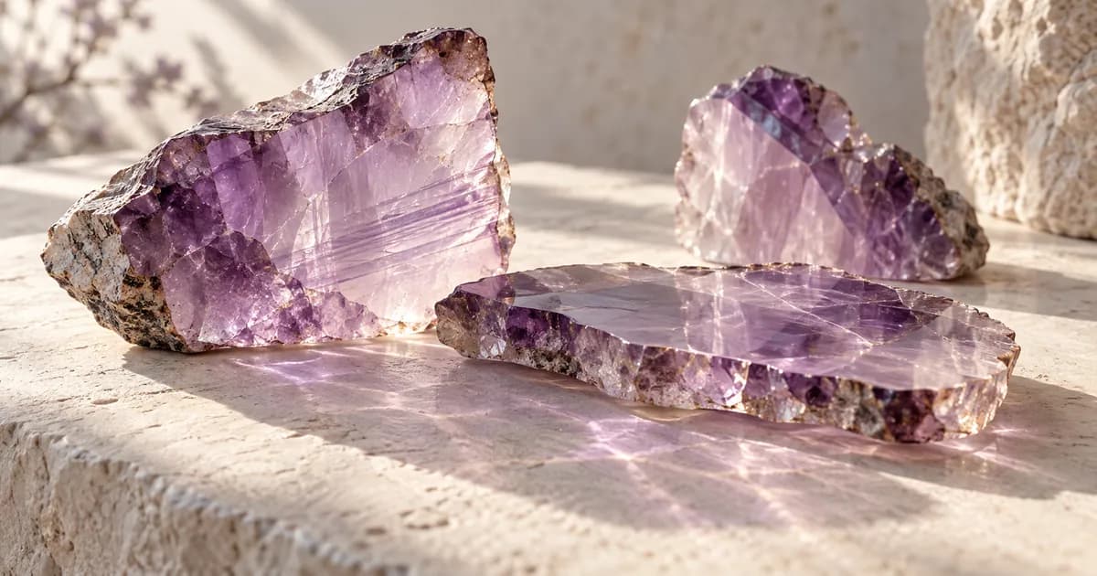 Irregular amethyst cut faces catching light on a pale stone surface