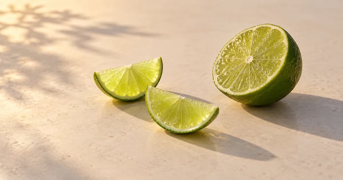 Half a green lime and two pieces left on a spacious pale surface
