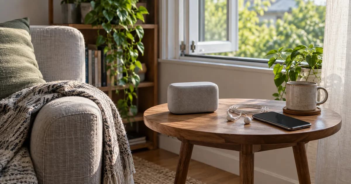 A small speaker and earphones set aside on a table by an open window