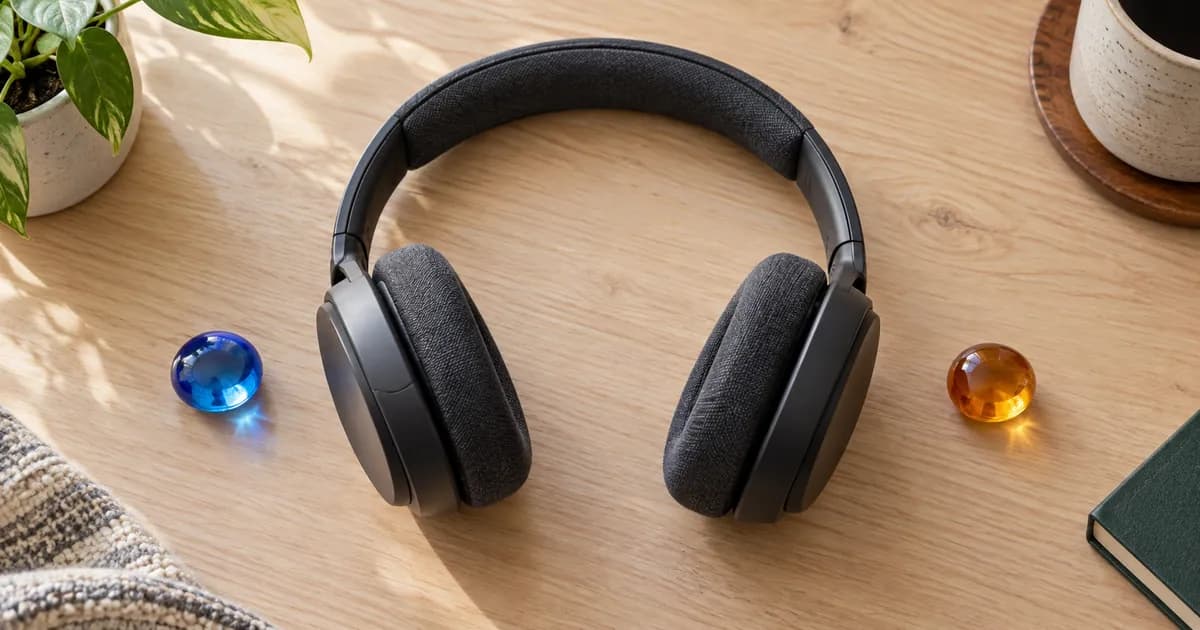 Blue and amber glass gems placed apart on either side of headphones