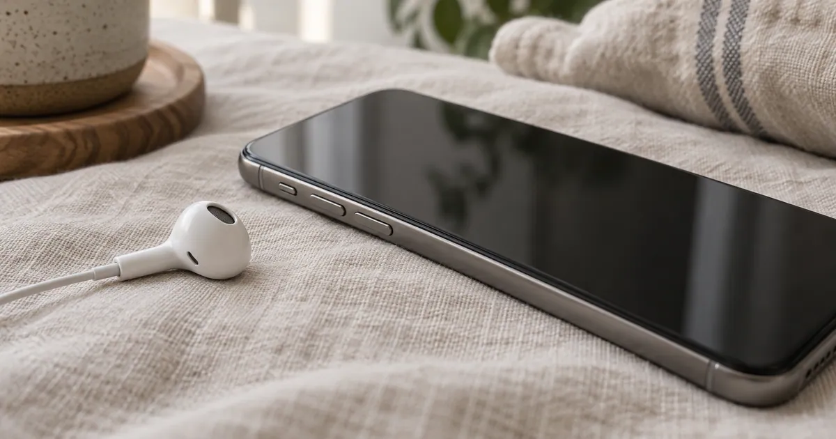 Side volume buttons on a smartphone beside an earbud on linen